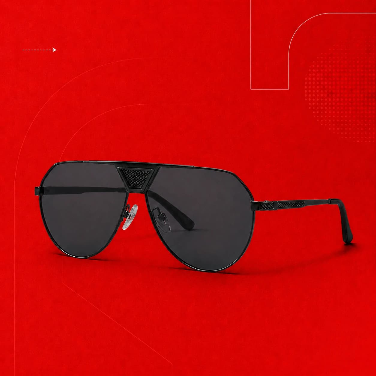 Black aviator sunglasses on a Numyra red geometric background