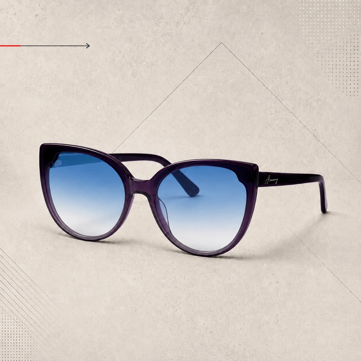 Glossy black cat-eye sunglasses on a warm textured geometric background